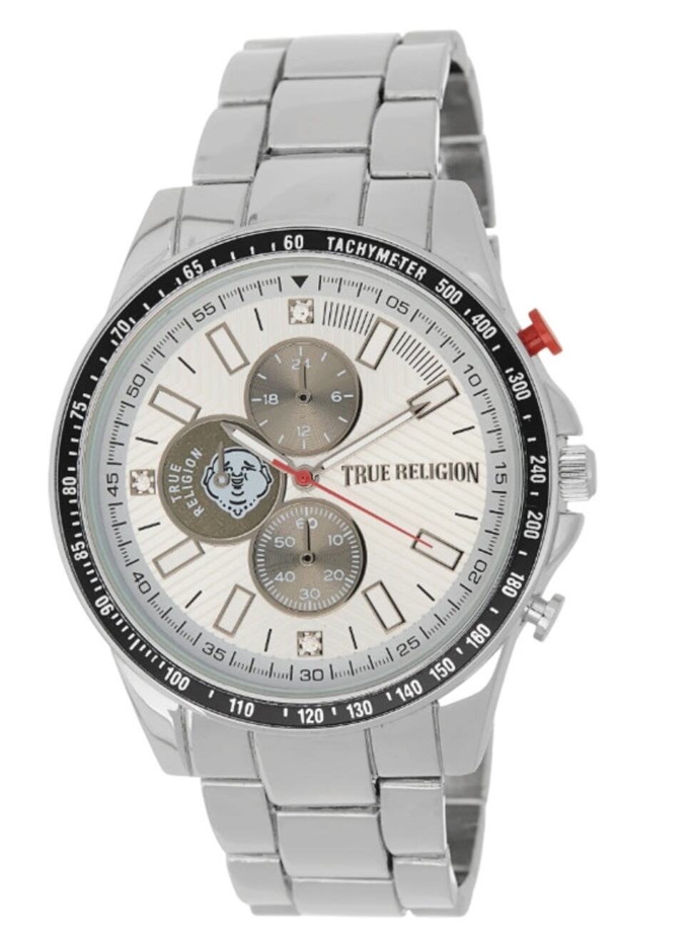 True Religion Mens Buddha Silver Chronograph Bracelet Watch 45mm Quartz Gift Box